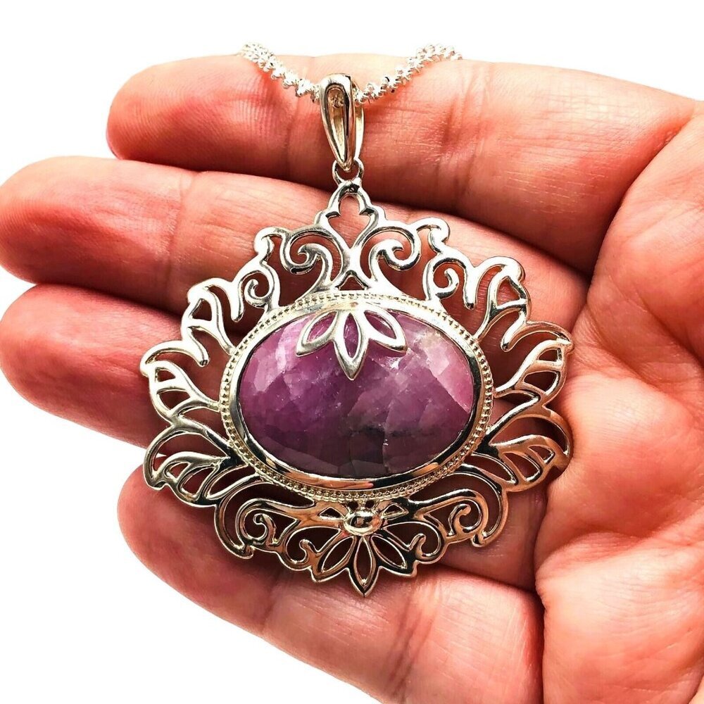 Bali Indonesian Designer PTI Pink Ruby Sterling Silver Pendant 20 Inch Necklace